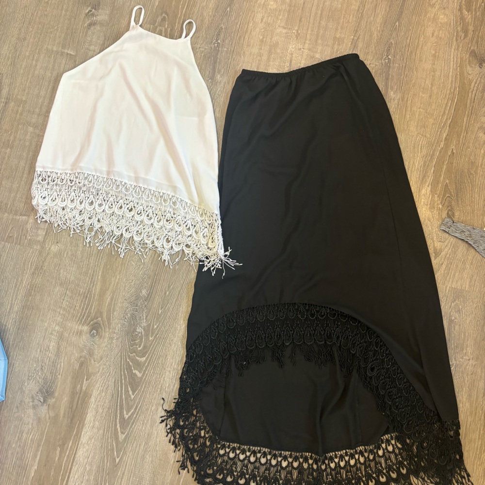 Show me your mumu white lace tank and black lace high low skirt